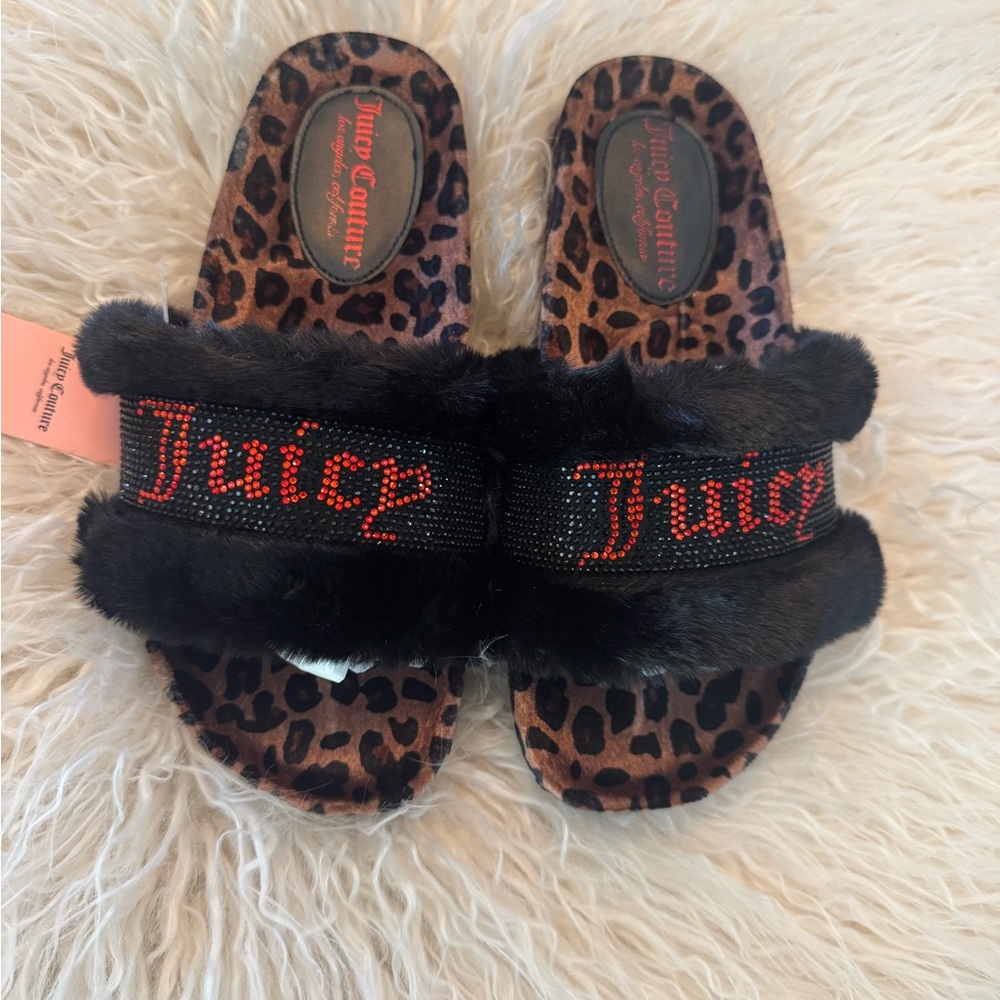 NIB Juicy Couture Women's Leopard Faux Fur Embellished Slides